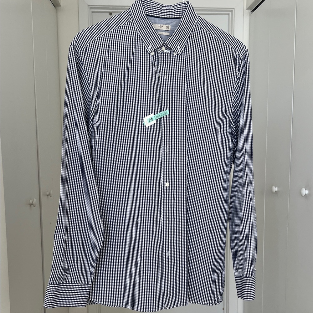 Mango Navy and White Gingham Button-Down Shirt